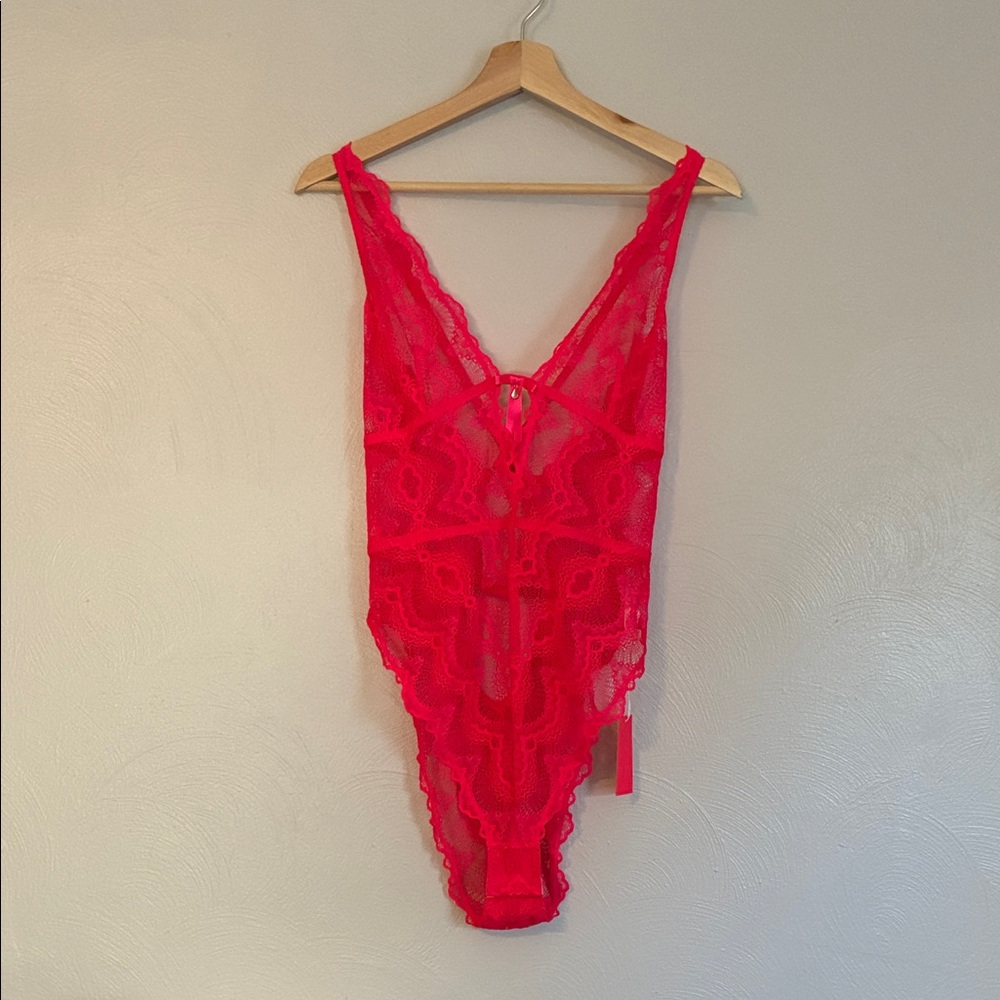 Mentionables Bodysuit Women XL Pink Karlie Rae Lang Lace Strappy Lingerie